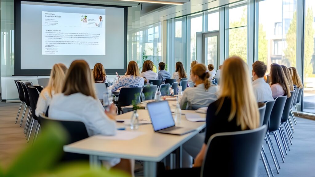 Eine coole Firmenschulung mit jungen Leuten in einem hellen Konferenzraum mit Glaswänden.