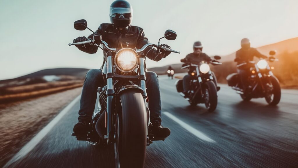 Eine Gruppe von Motorradfahrern auf großen Maschinen, die auf der Autobahn cruisen und dabei echte Kameradschaft und Abenteuerlust zeigen.