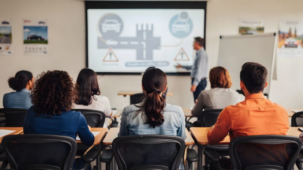 Fahrschulunterricht: Die Schüler lernen in einem modernen Umfeld die Regeln und Vorschriften zur Verkehrssicherheit und bereiten sich unter Anleitung eines Fahrlehrers auf die Führerscheinprüfung vor.