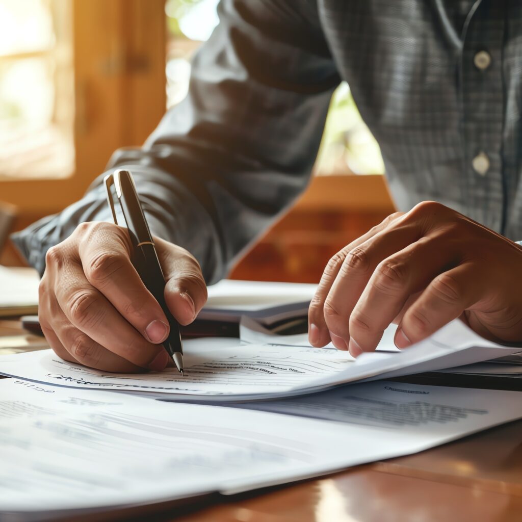 Jemand füllt Formulare an einem Holztisch im Tageslicht aus und konzentriert sich dabei aufs Schreiben mit einem Stift.