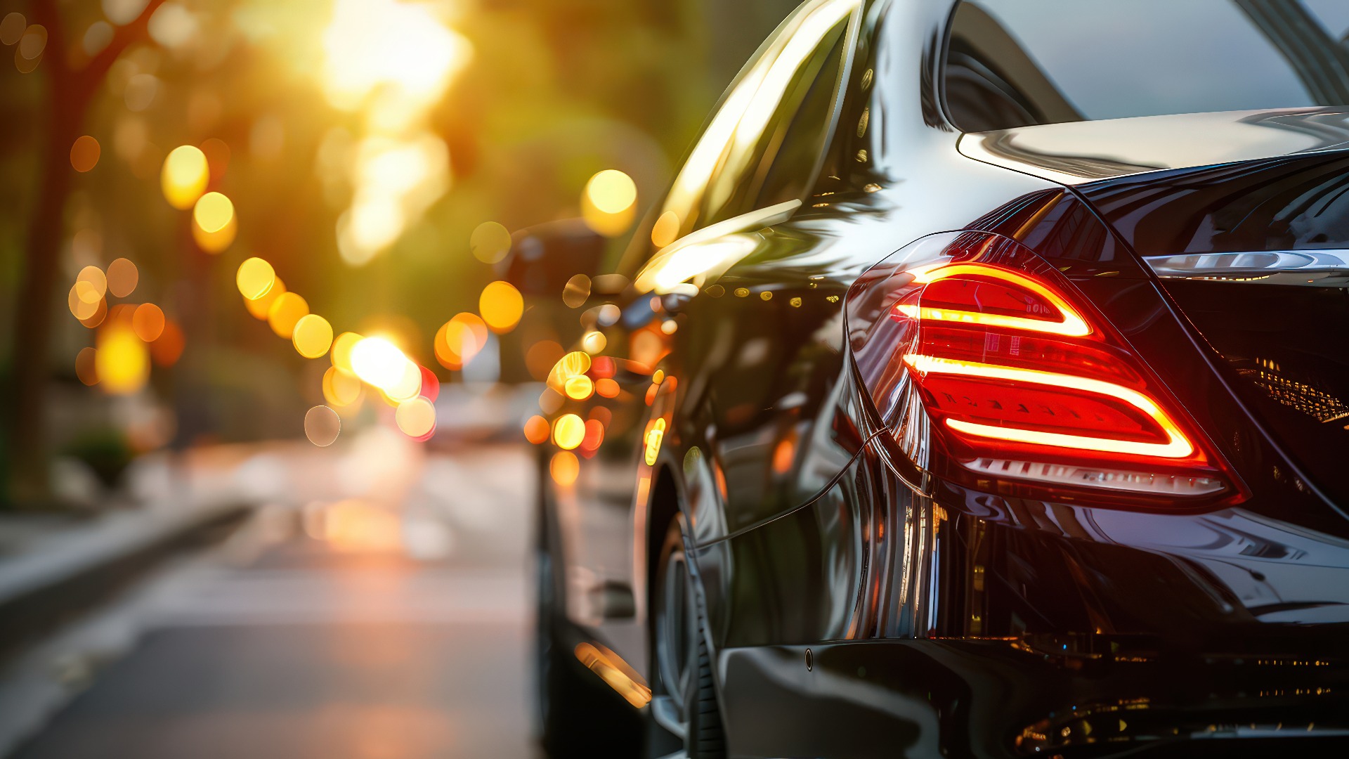 Schwarzes modernes Auto vor dem Hintergrund der Stadt, Autovermietung, Gütertransport.